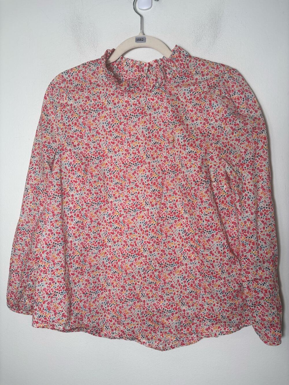 J Crew Long Sleeve Ruffle Neckline Pink/Red Floral Blouse Sz 2